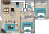 Three dimensional floor plan of a two bedroom apartment with furniture at Stone Oak Apartments in Independence, Missouri